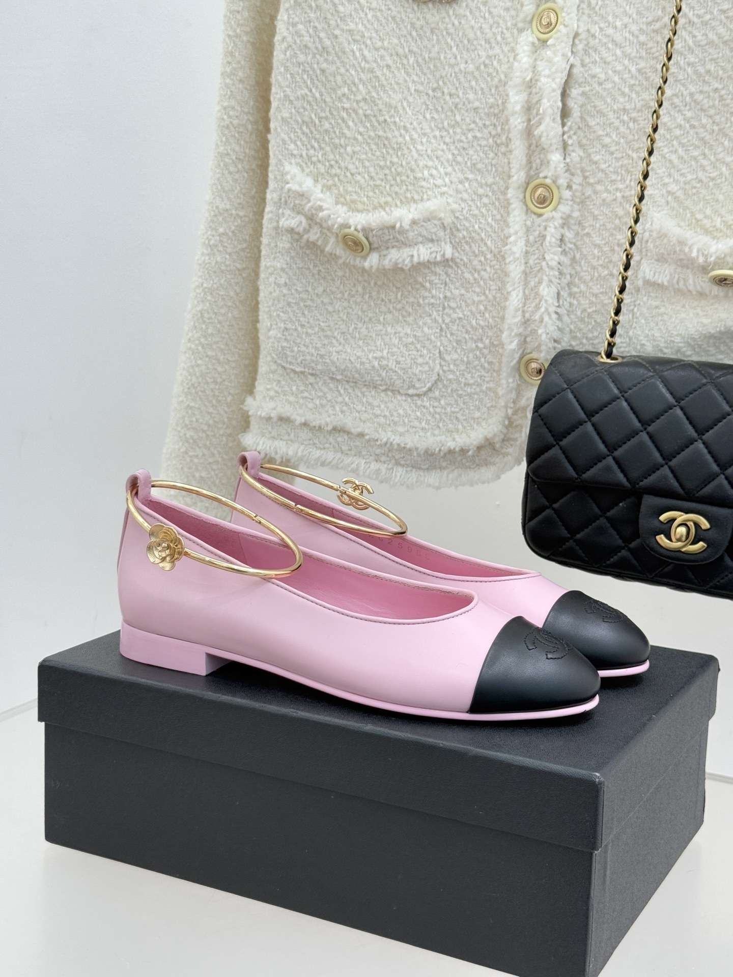 Chanel Pink & Black Ballet Flats with Gold Ankle Ring