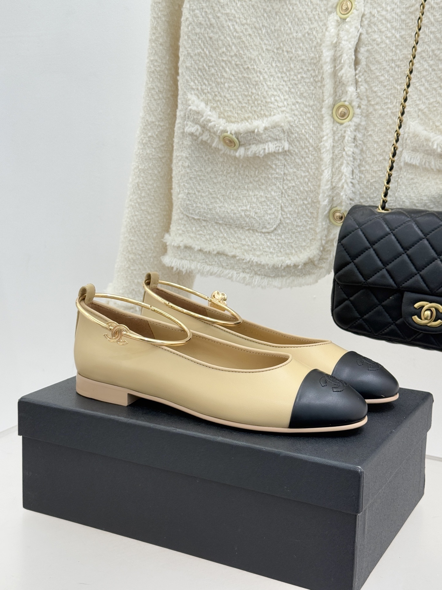 Chanel Beige & Black Cap-Toe Ballet Flats with Gold Ankle Ring