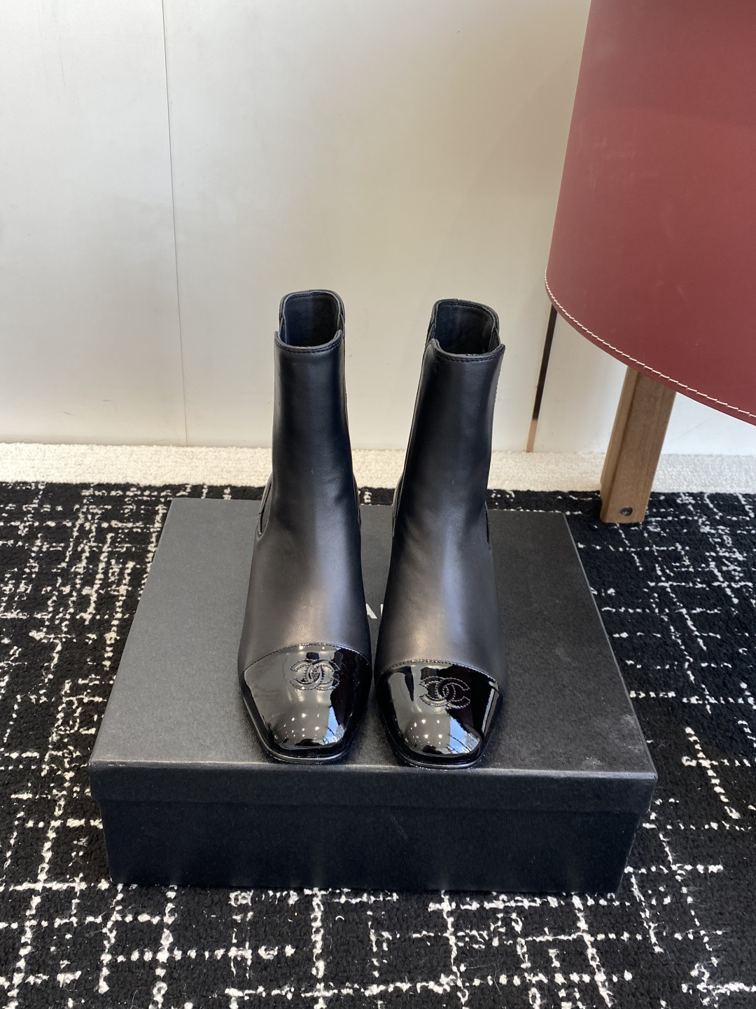 Chanel Black Leather Ankle Boots with Patent CC Logo Cap Toe