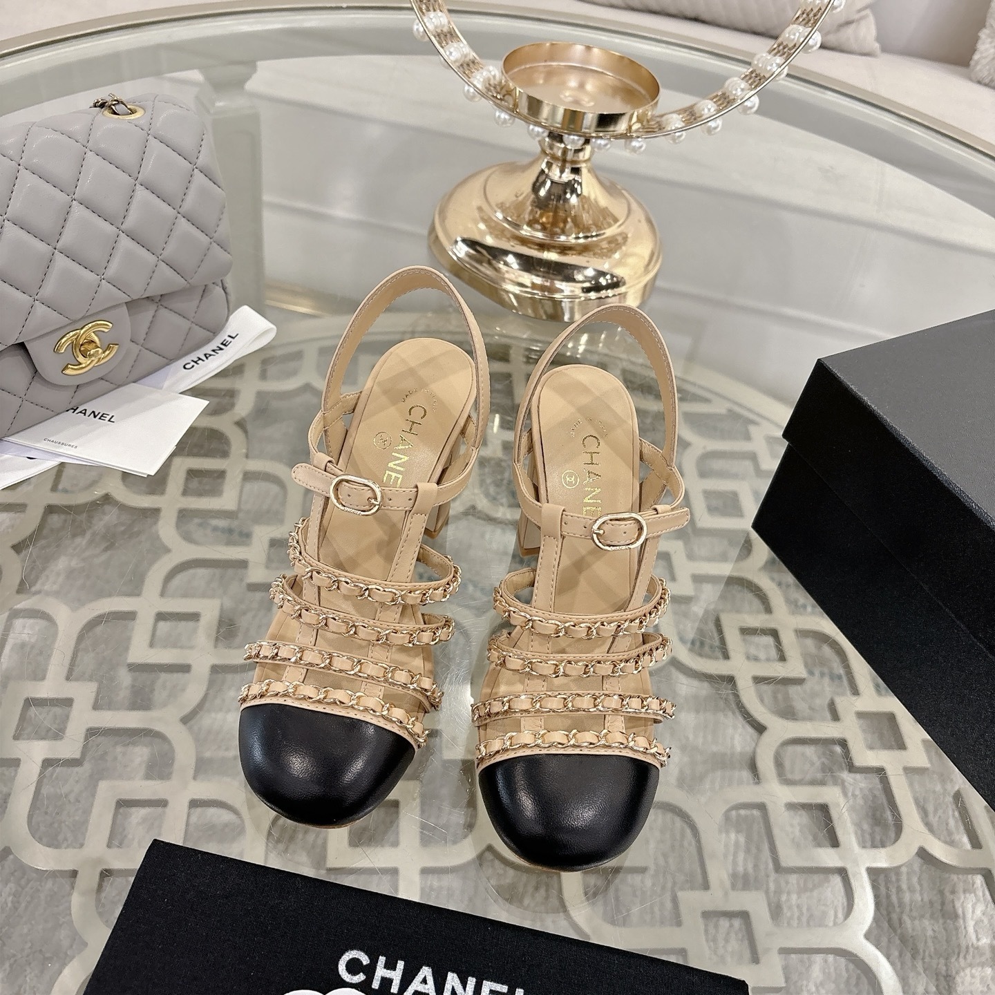 Chanel Beige & Black Cap Toe Block Heel Sandals with Gold Chains