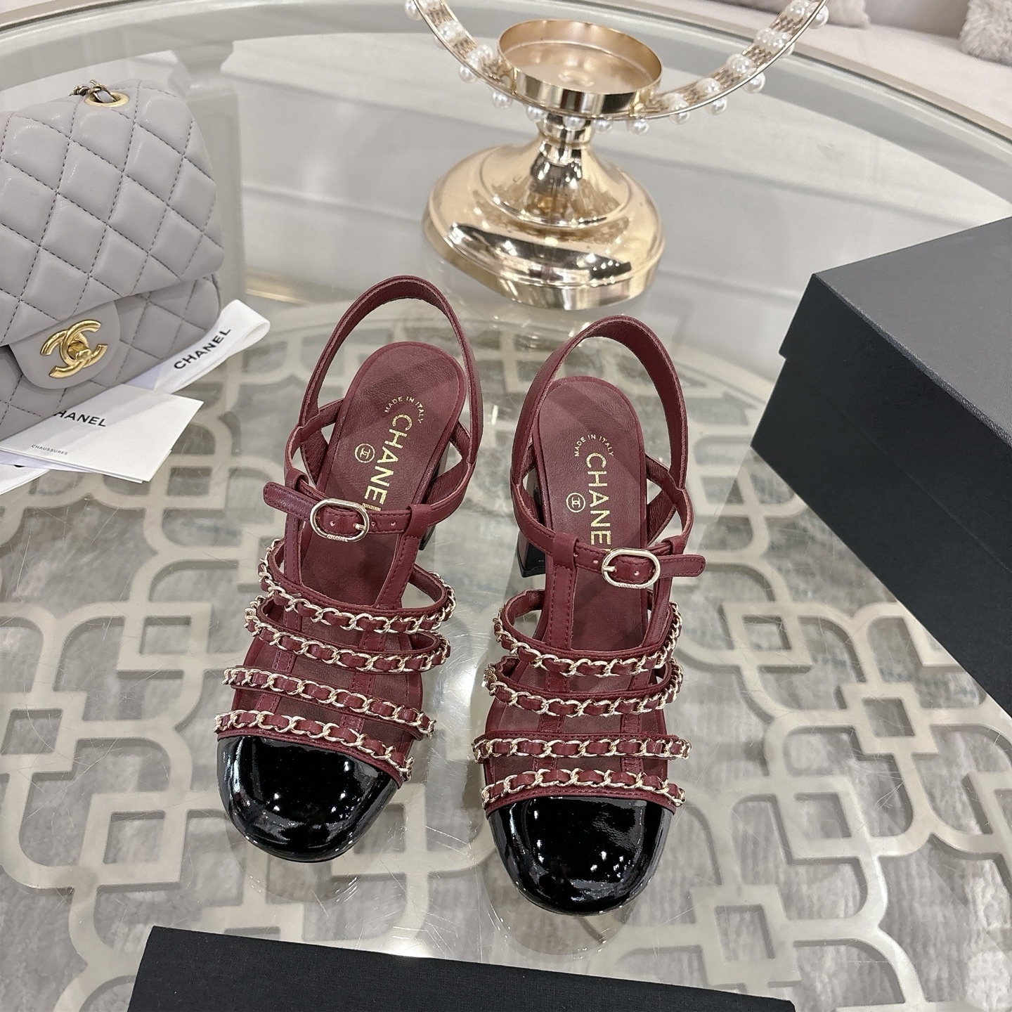 Chanel Burgundy Leather Block Heel Sandals with Gold Chain Details