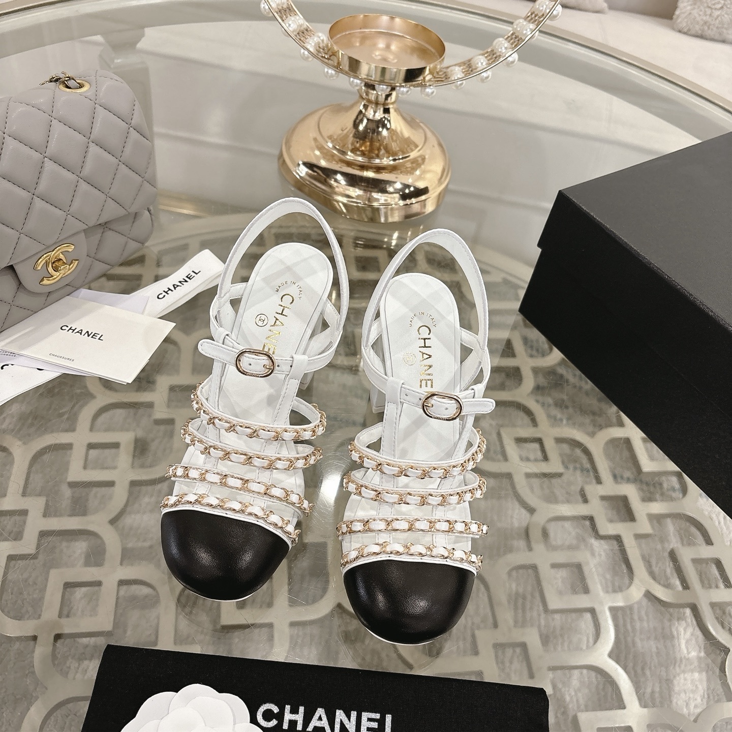 Chanel Two-Tone Block Heel Sandals with Elegant Chain Straps