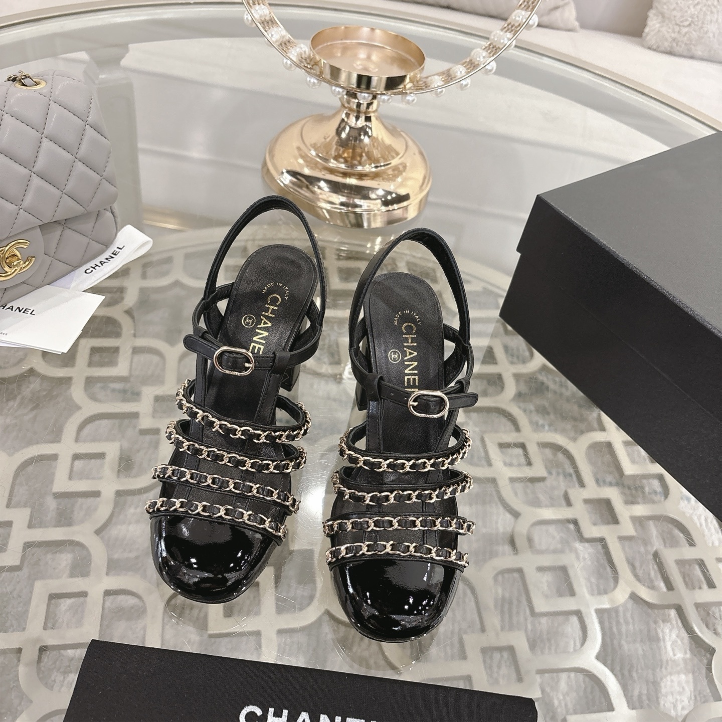 Chanel Black Leather Block Heel Sandals with Gold Chain Straps