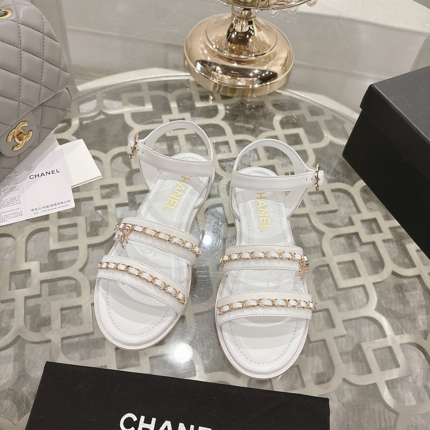 Luxury White Leather Sandals with Gold Chain & Ankle Strap