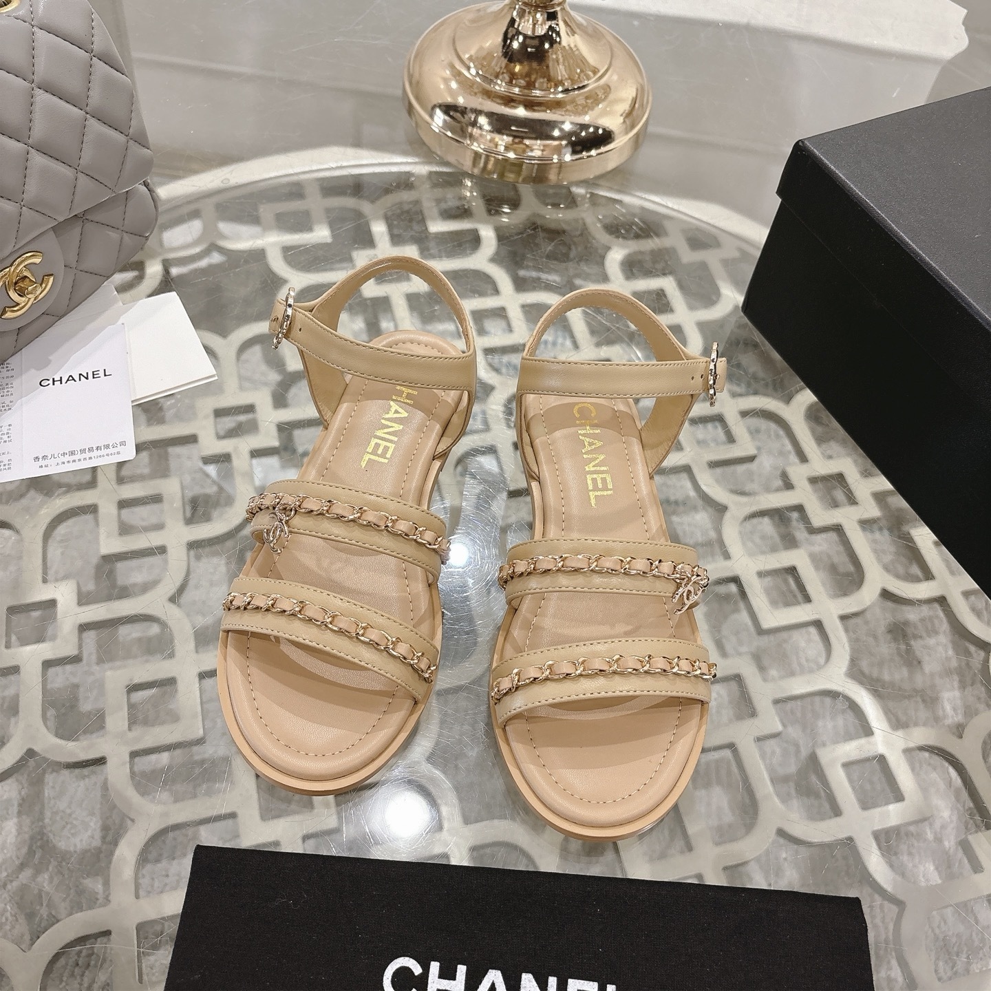 Luxury Beige Leather Sandals with Gold Chain Detail – Women’s Shoes