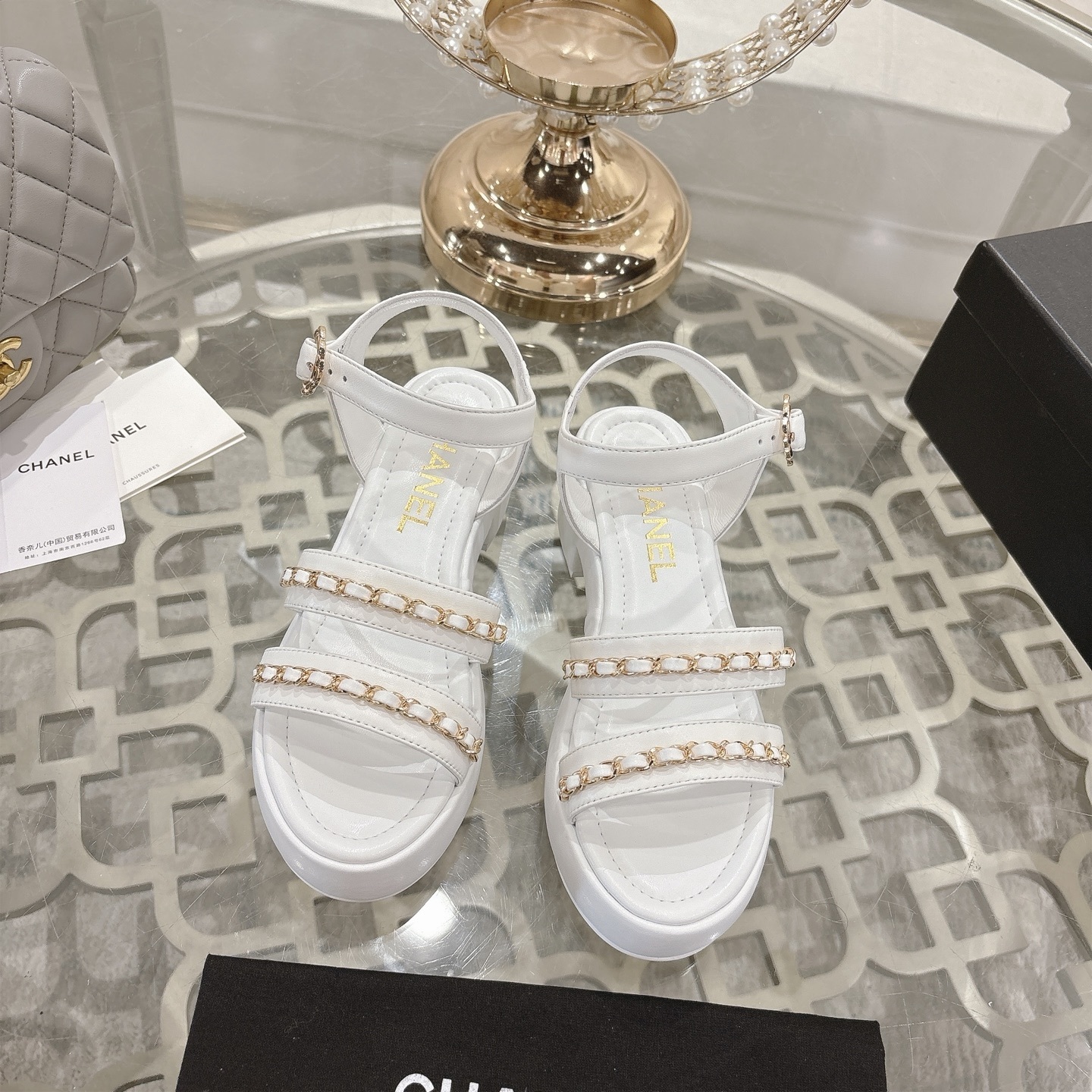 Luxury White Platform Sandals with Gold Chain Accents