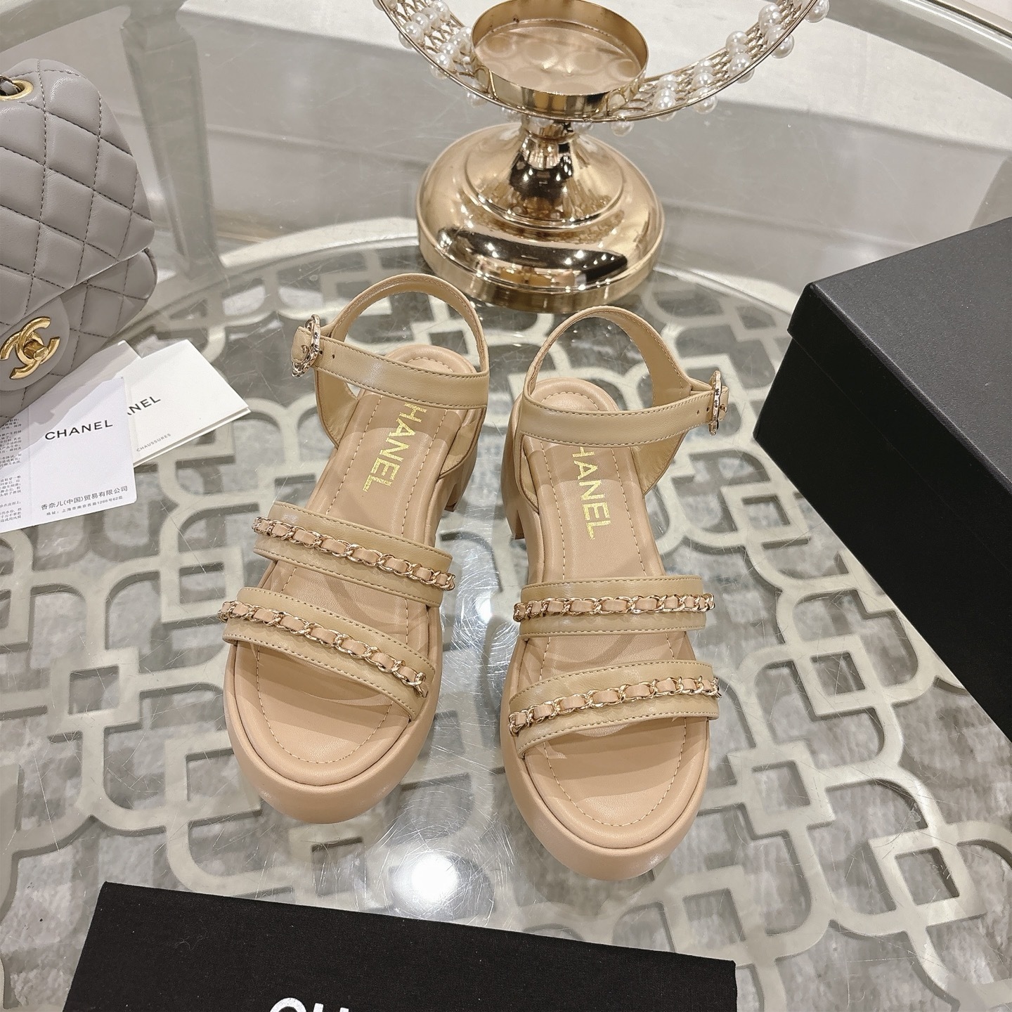 Luxury Chanel Beige Platform Sandals with Gold Chain Detail