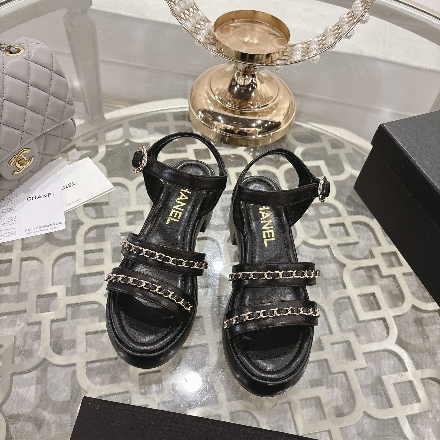 Chanel Luxury Black Leather Platform Sandals with Gold Chain Detail