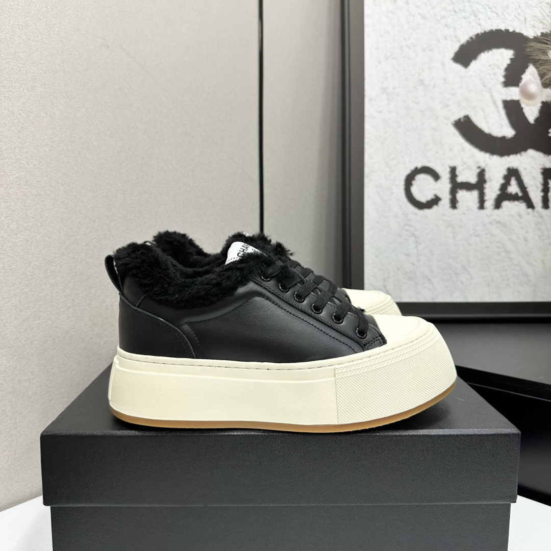 Luxury Black Leather Shearling Lined Platform Sneakers