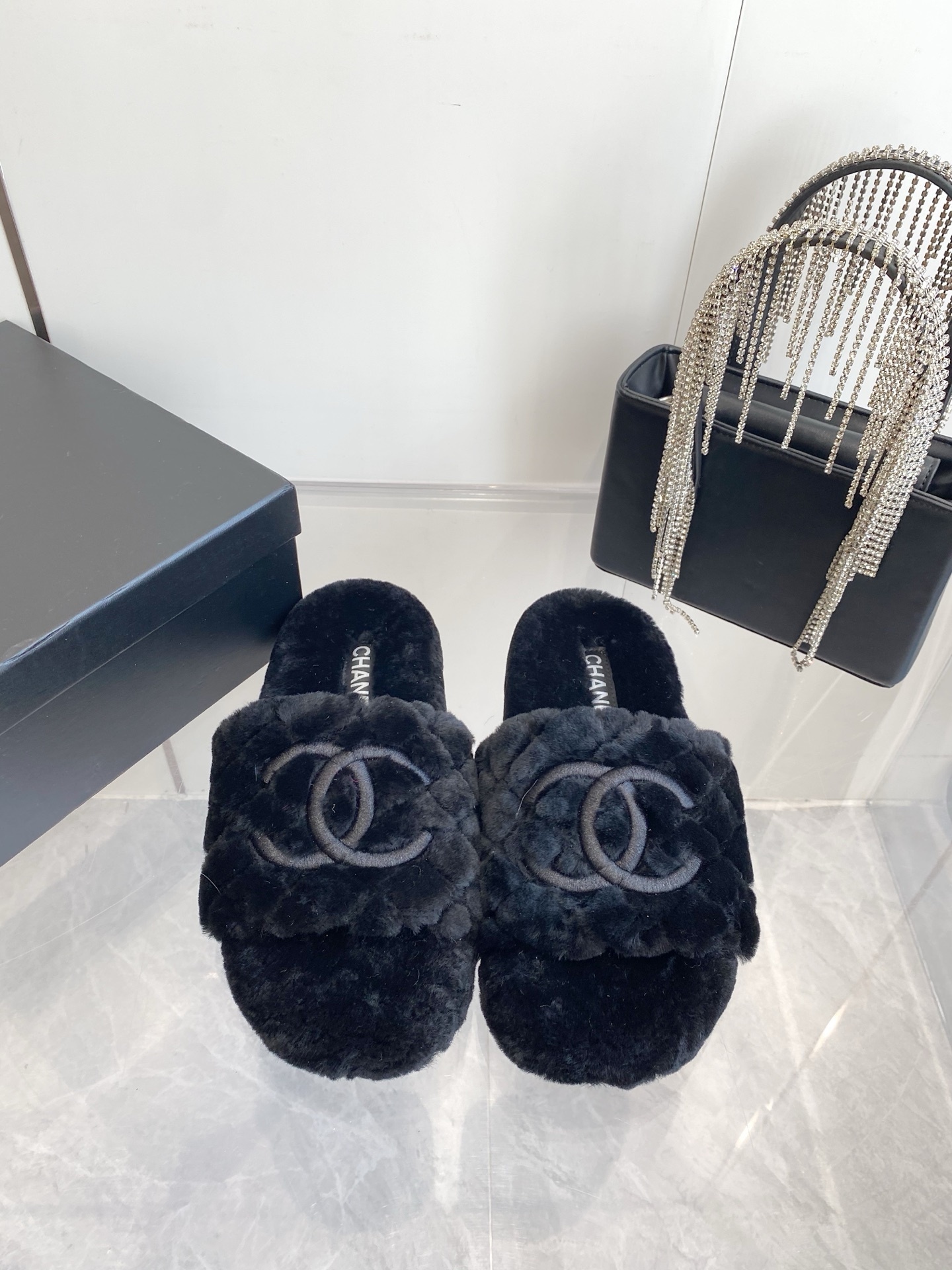 Luxury Black Faux Fur Slippers with Designer CC Logo Embroidery