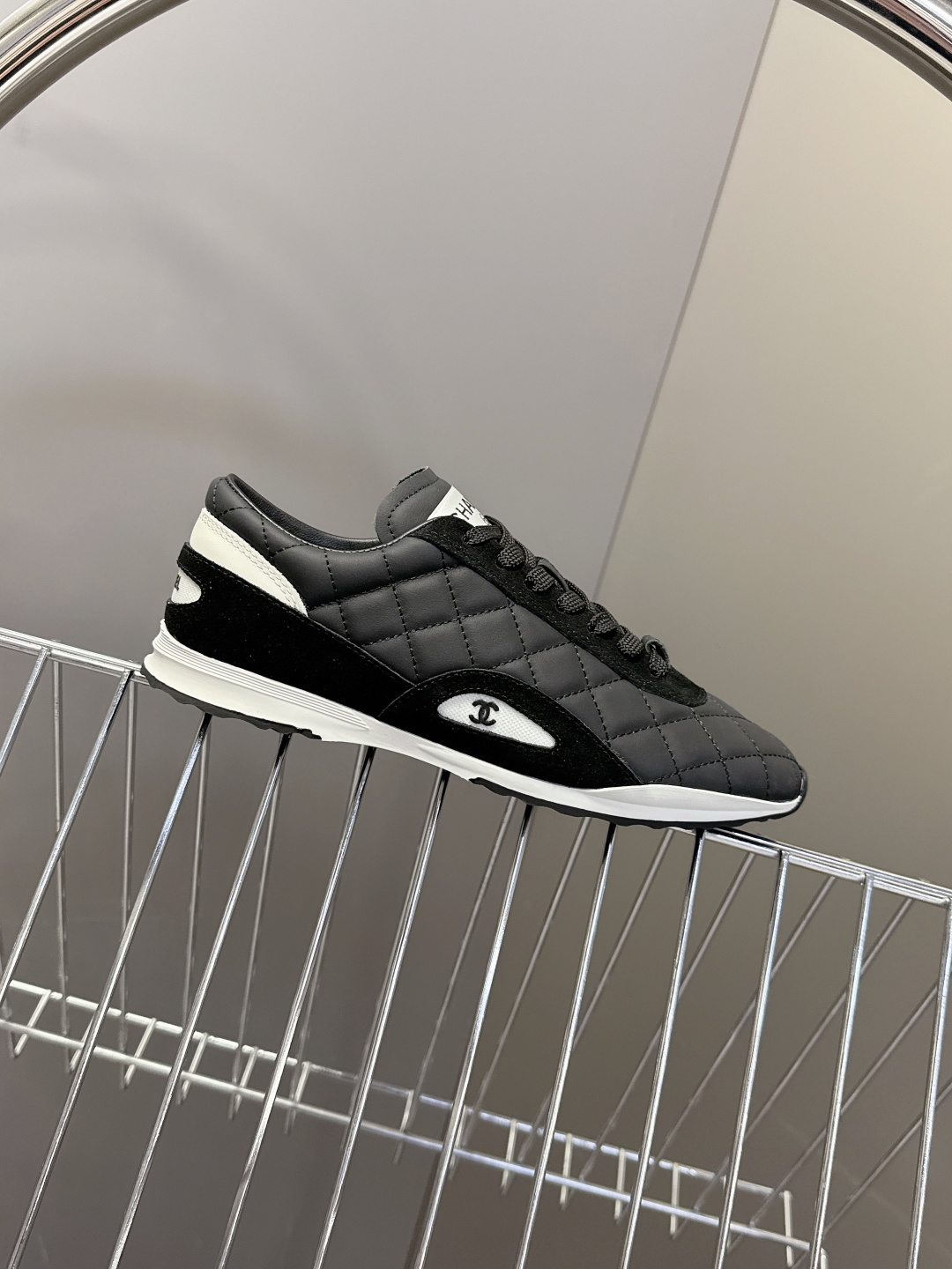 Pair of black Chanel quilted sneakers with white CC logo and original designer box - Hình 5