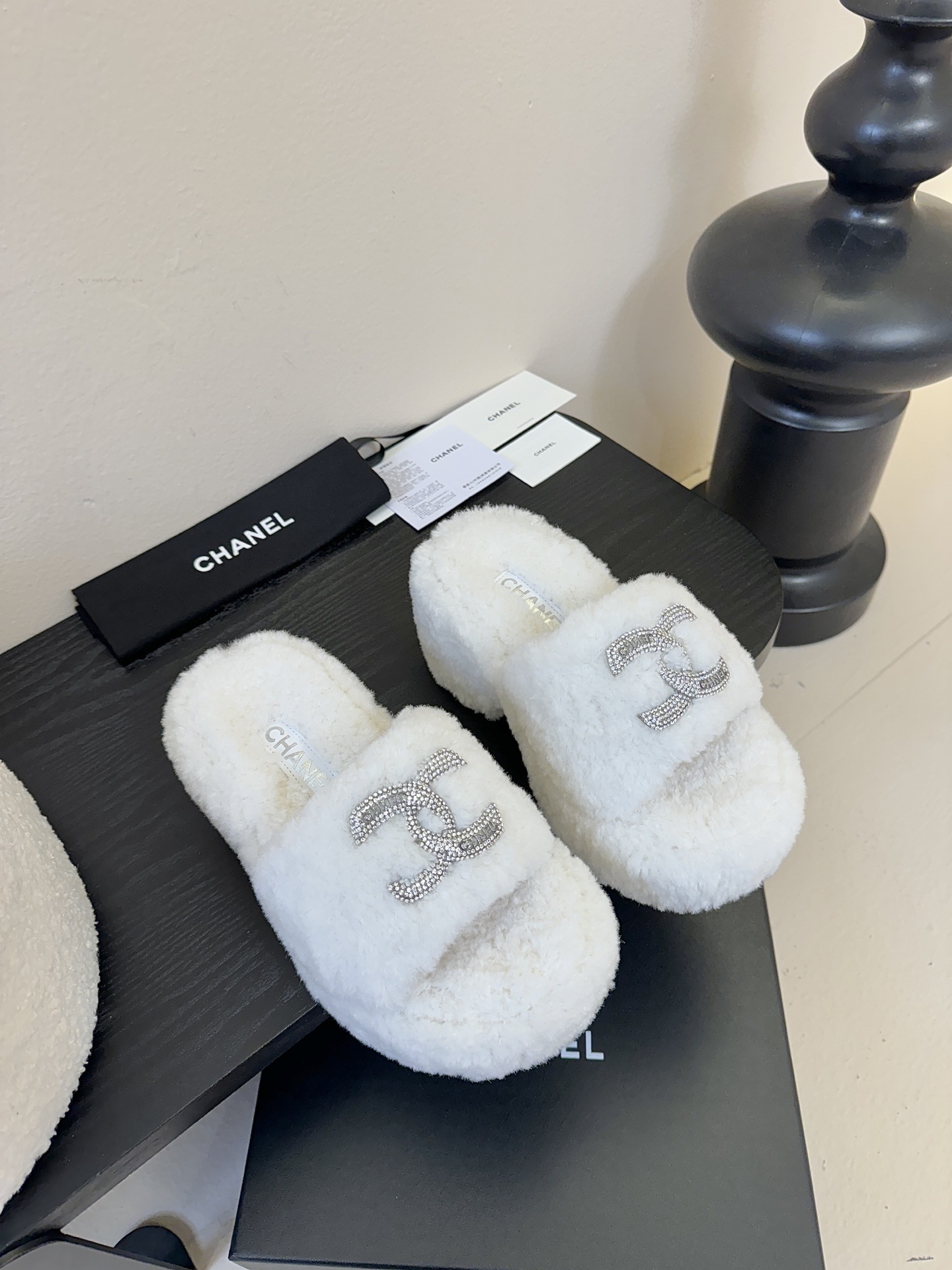 Luxury White Furry Platform Slides with Crystal CC Logo