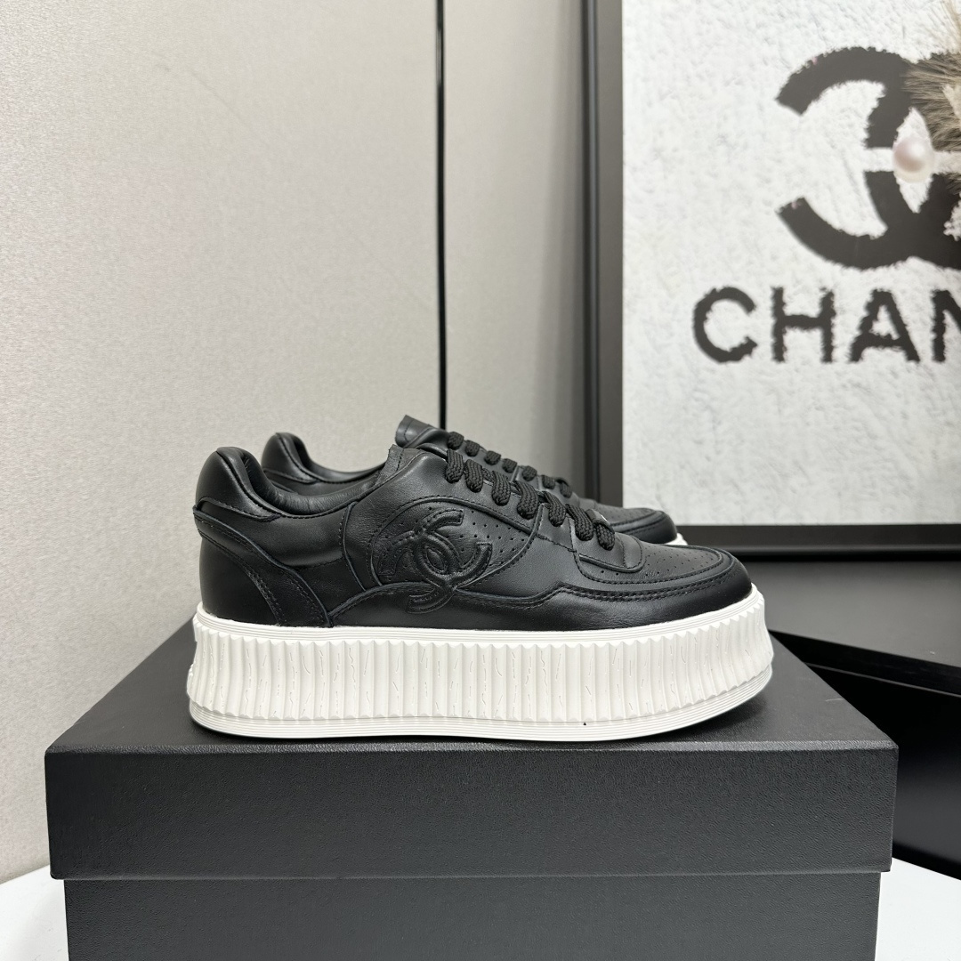 Chanel Black Leather Chunky Platform Sneakers with CC Logo