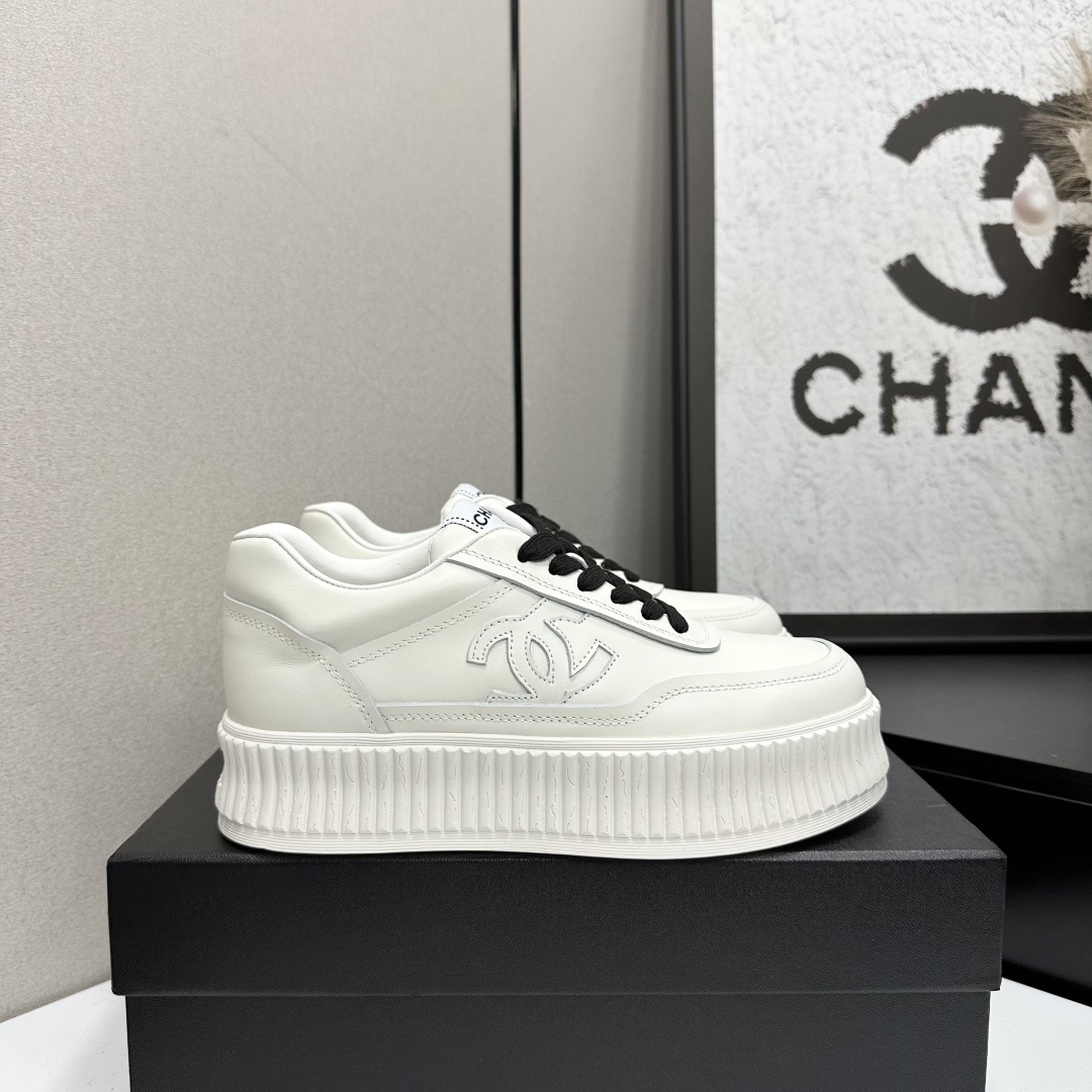 Luxury White Leather Platform Sneakers with Iconic CC Logo