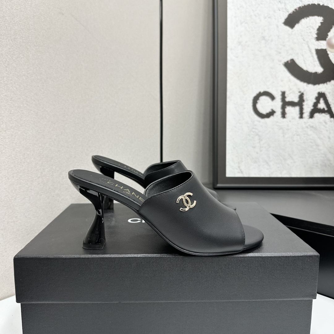 Chanel Black Leather Open-Toe Mules with Gold CC Logo Detail