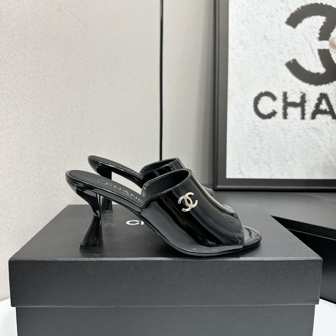 Chanel Patent Leather Mules with Gold CC Logo & Sculptural Heels