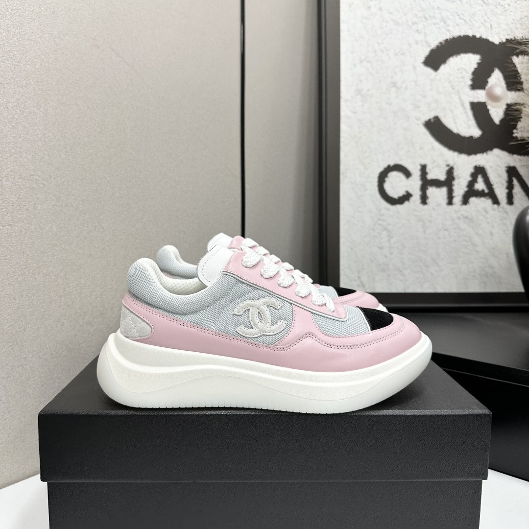 Luxury Chanel Women’s CC Logo Pink Leather Mesh Sneakers