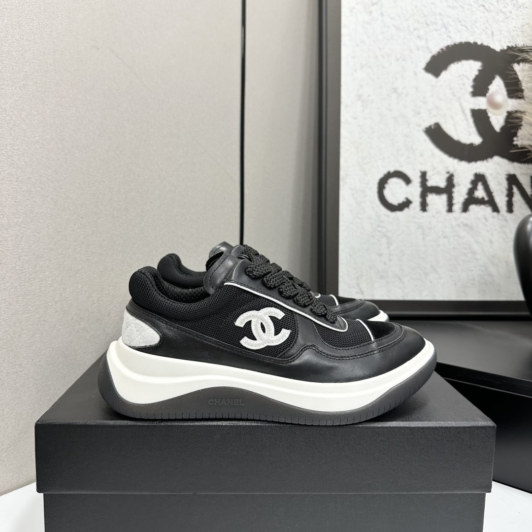 Premium Chanel Women’s Leather Mesh Sneakers Black White CC Logo