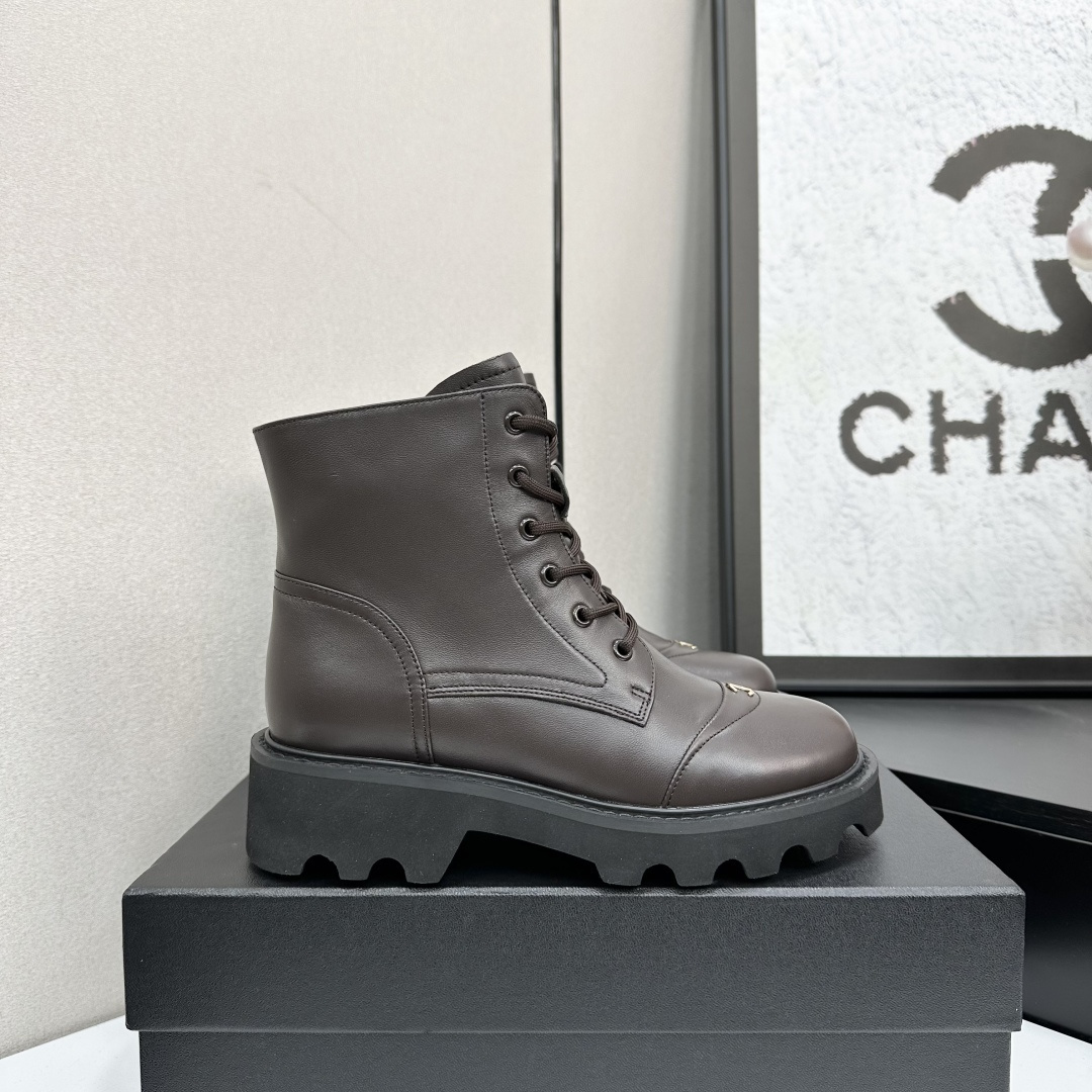 Luxury Brown Leather Combat Boots with Gold CC Logo