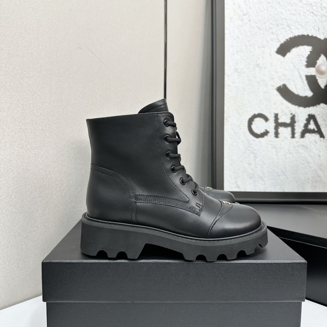 Chanel Black Leather Lace-up Combat Boots with Gold Logo Detail