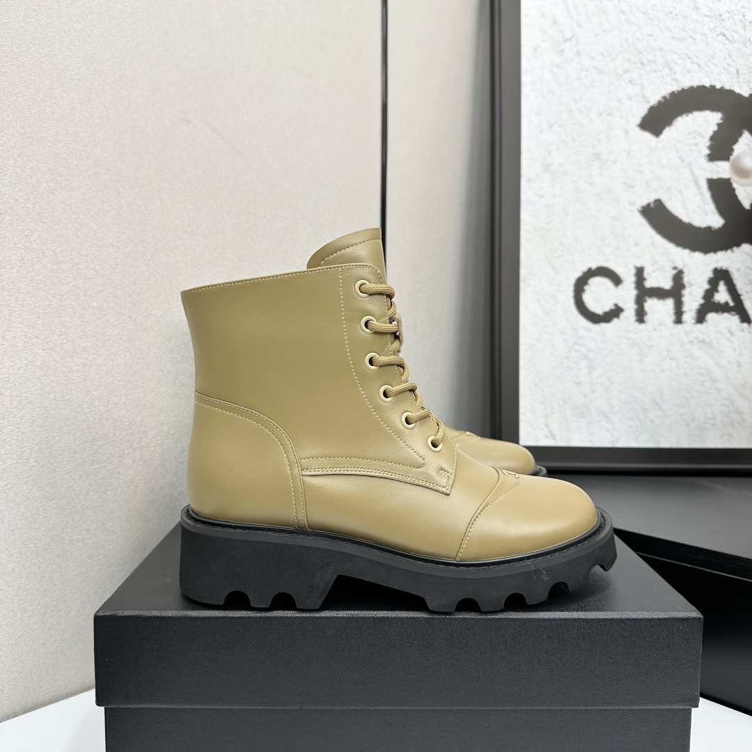 Chanel Beige Leather Lace-up Ankle Boots with Chunky Lug Sole