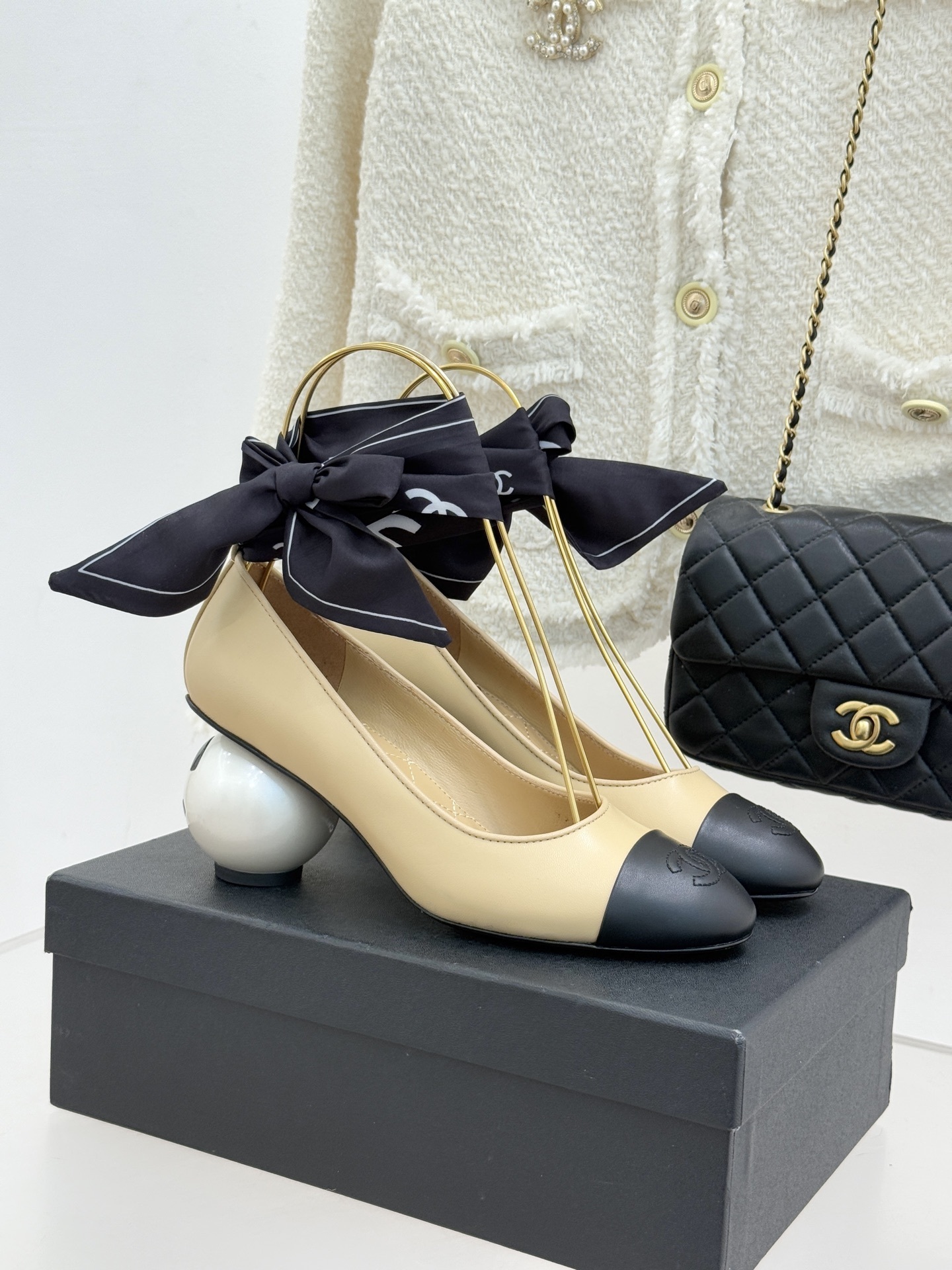 Luxury Pearl Heel Ballerina Pumps with Scarf Ribbon Detail