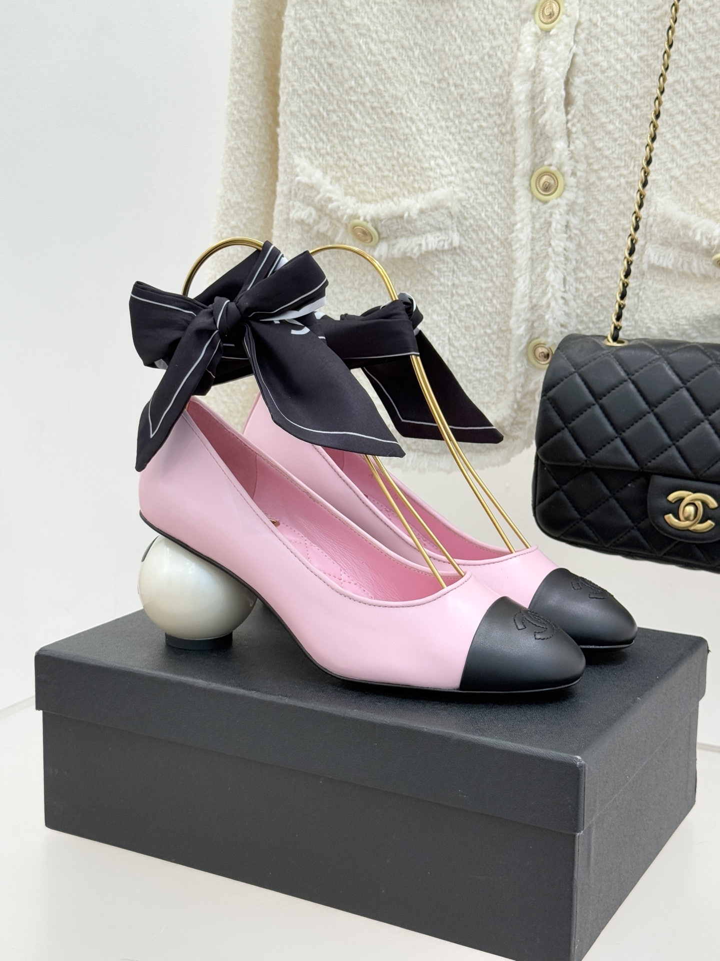 Chanel Pink & Black Two-Tone Leather Pumps with Pearl Heel & Bow