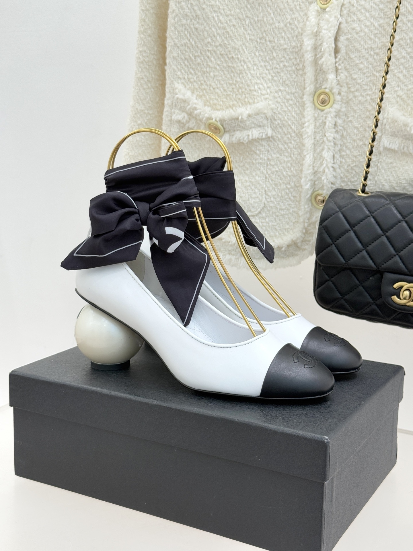 Luxury Two-Tone Cap Toe Pumps with Pearl Ball Heel & Silk Bow