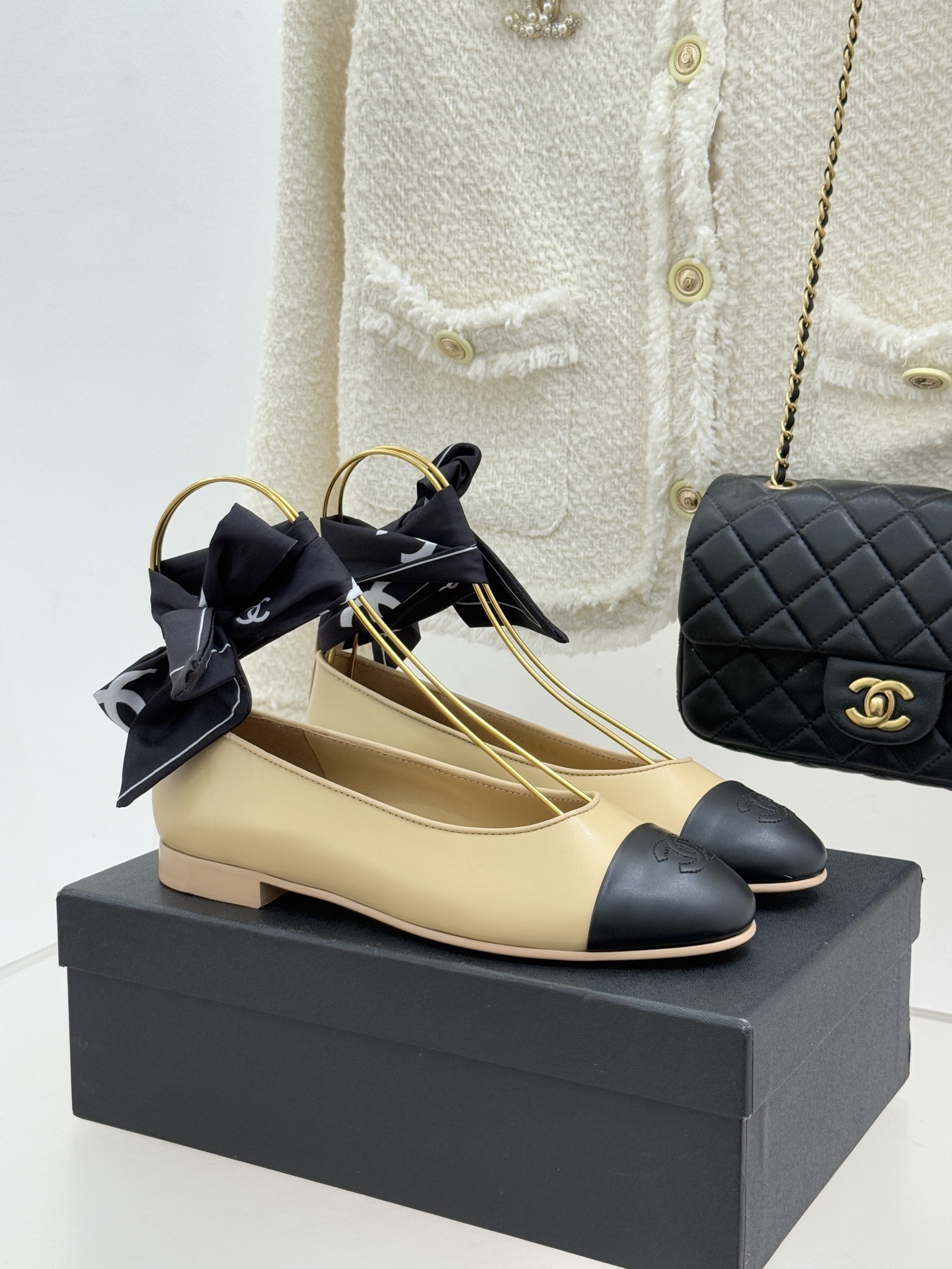 Luxury Two-Tone Beige & Black Ballet Flats with Silk Scarf Bow