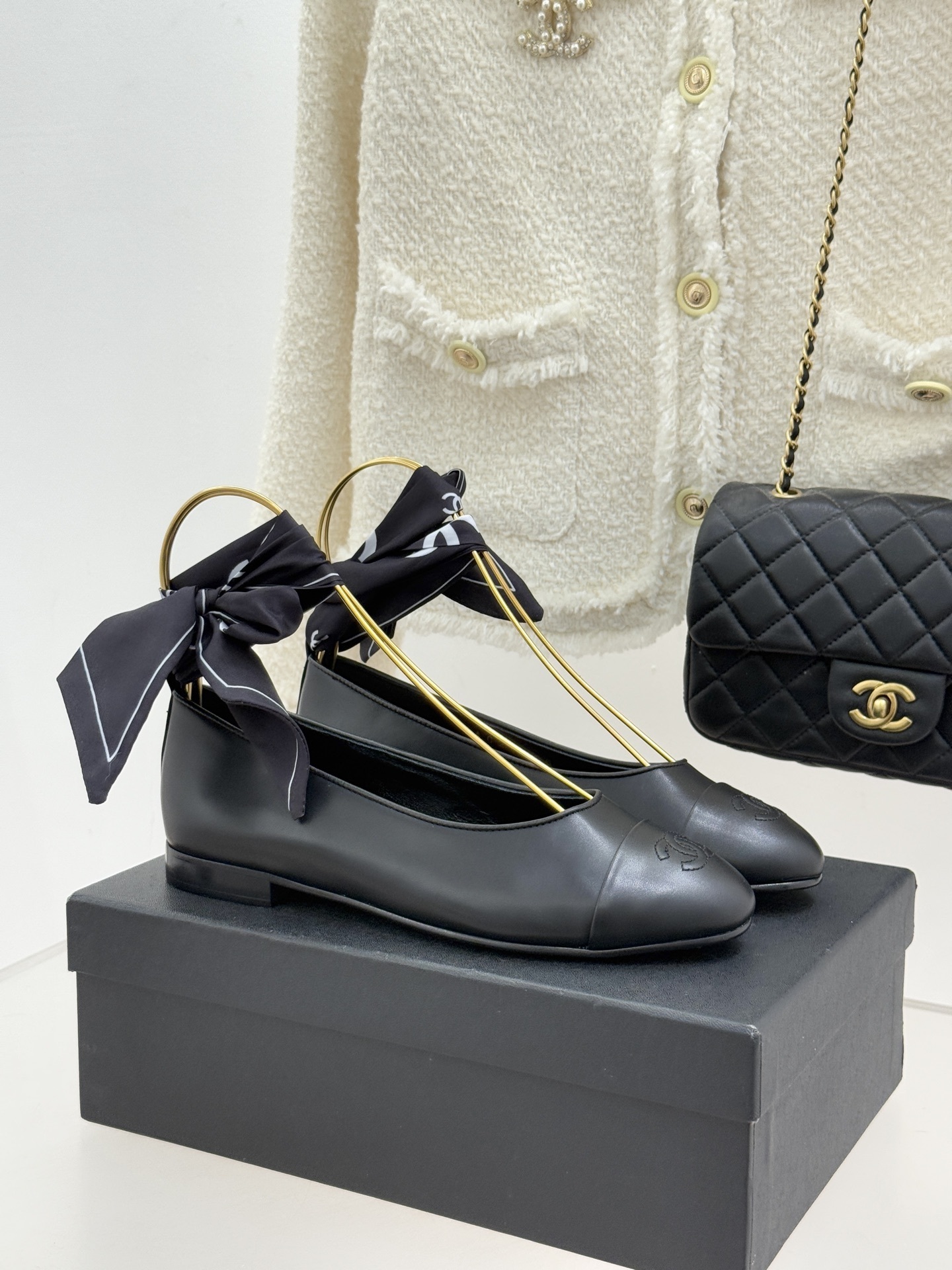 Chanel Black Leather Ballet Flats with Scarf Ankle Strap & CC Logo