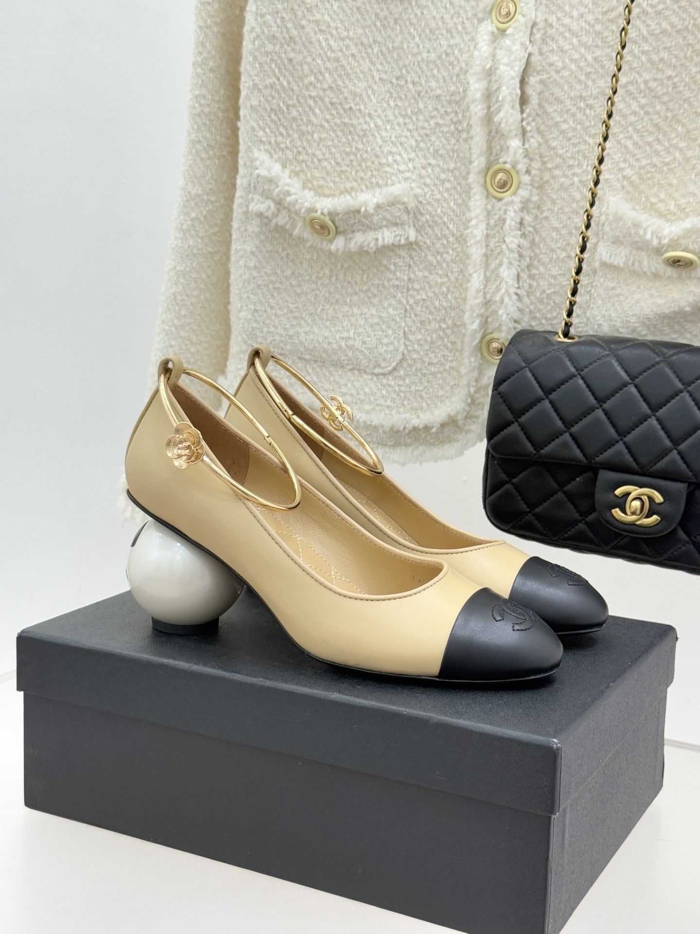 Chanel Two-Tone Pearl Heel Pumps with Camellia Gold Ankle Ring