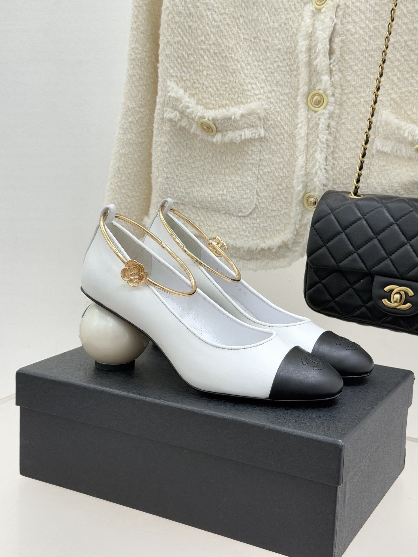 Chanel Two-Tone Pumps with Pearl Sphere Heel & Gold Ankle Strap