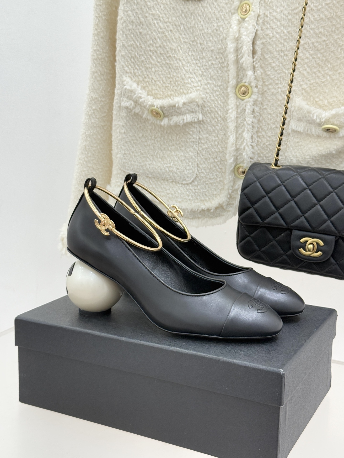 Chanel Black Leather Pumps with Pearl Ball Heel & Gold Ankle Strap