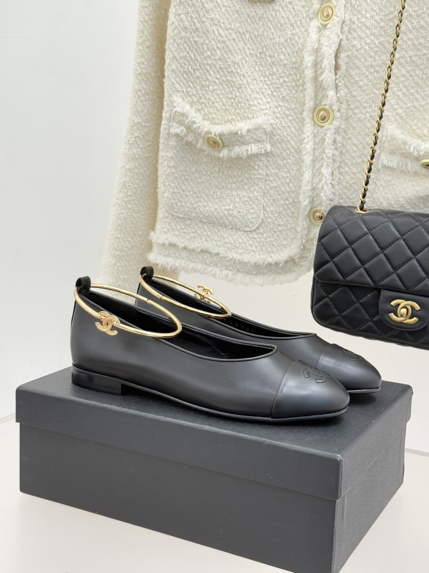 Chanel Black Lambskin Ballet Flats with Gold CC Ankle Ring