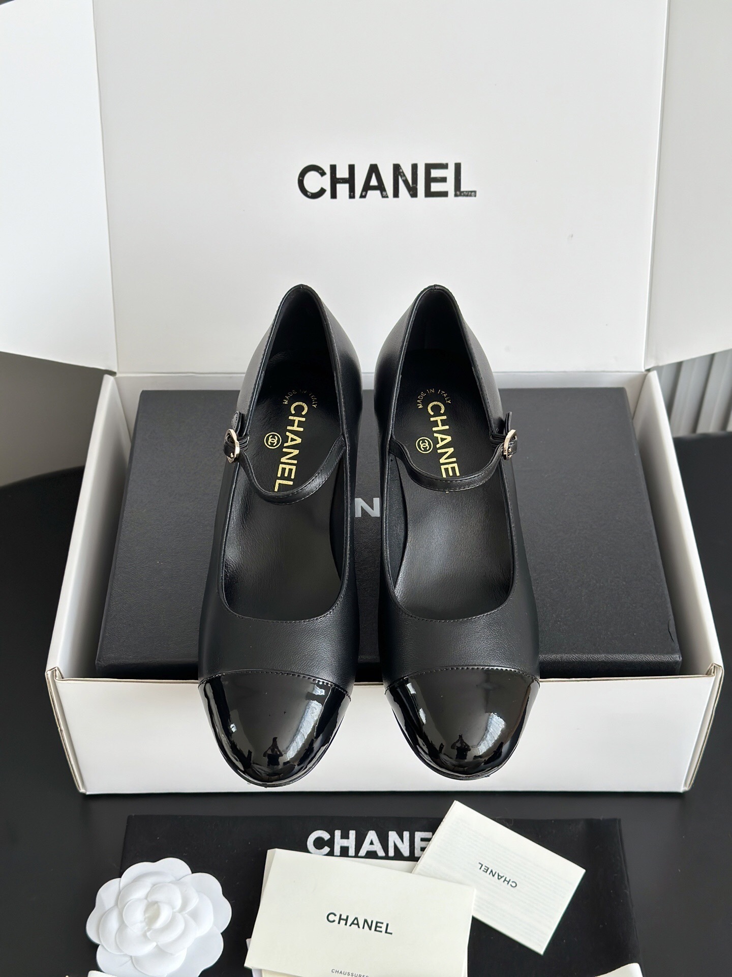 Chanel Black Leather Mary Jane Pumps with Iconic Pearl Heel