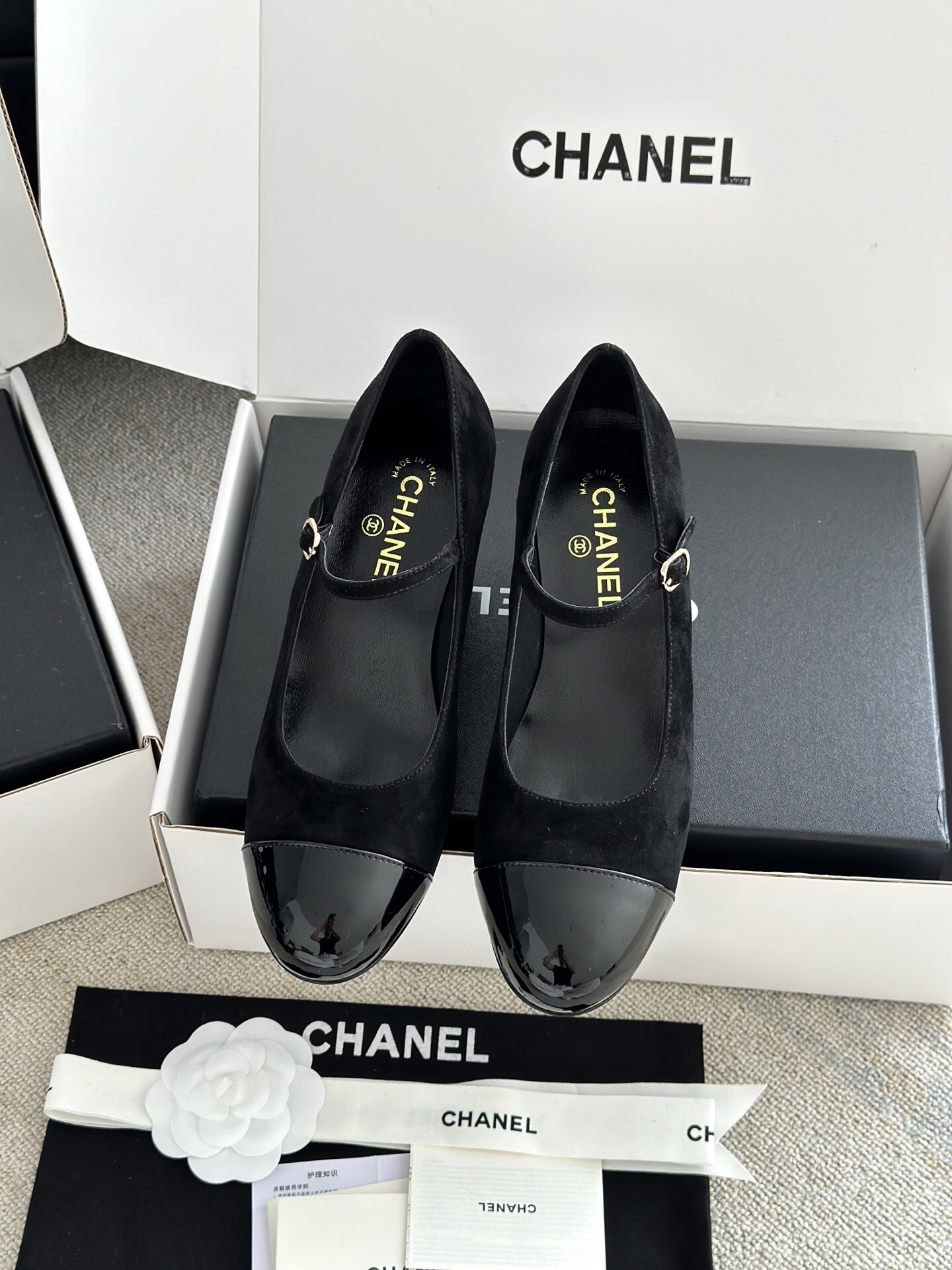 Chanel Black Suede Mary Jane Pumps with Pearl Heel & Patent Toe