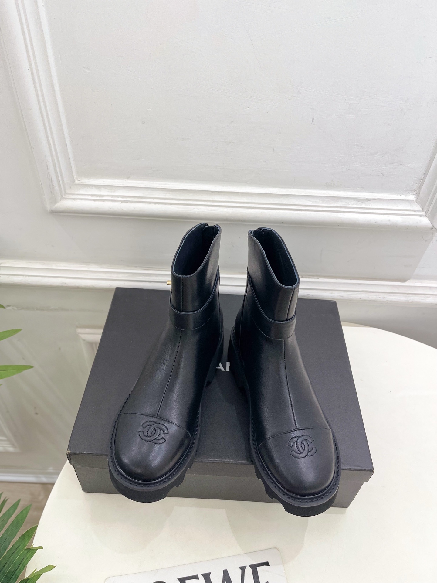 Chanel Black Leather Ankle Boots with Gold CC Logo & Lug Sole