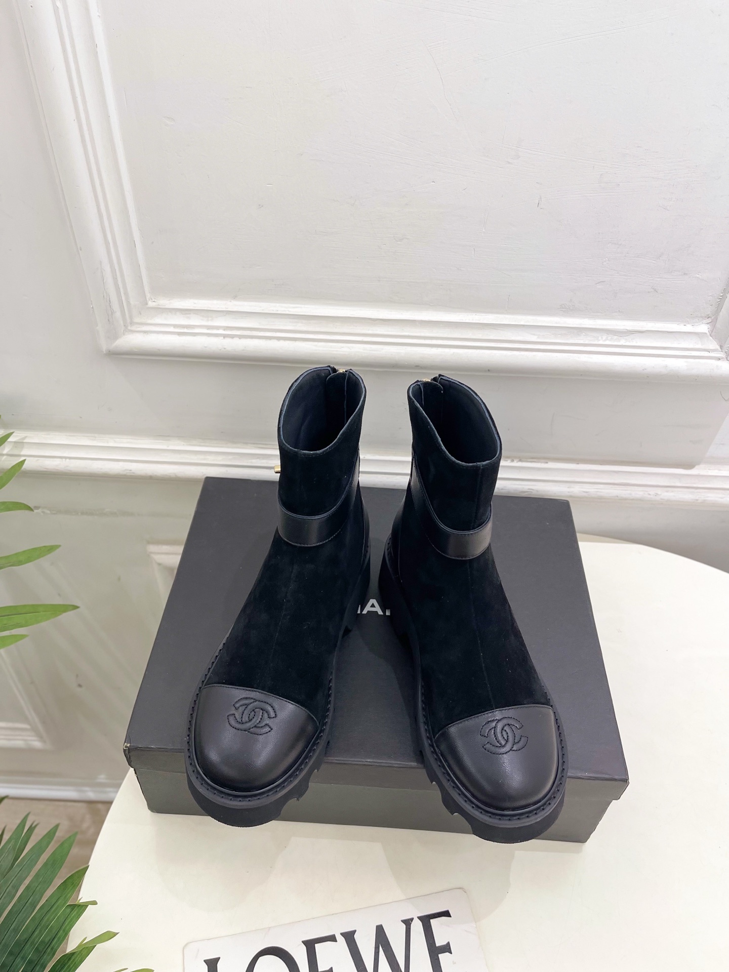 Luxury Black Suede Ankle Boots with Chunky Lug Sole & Gold Logo