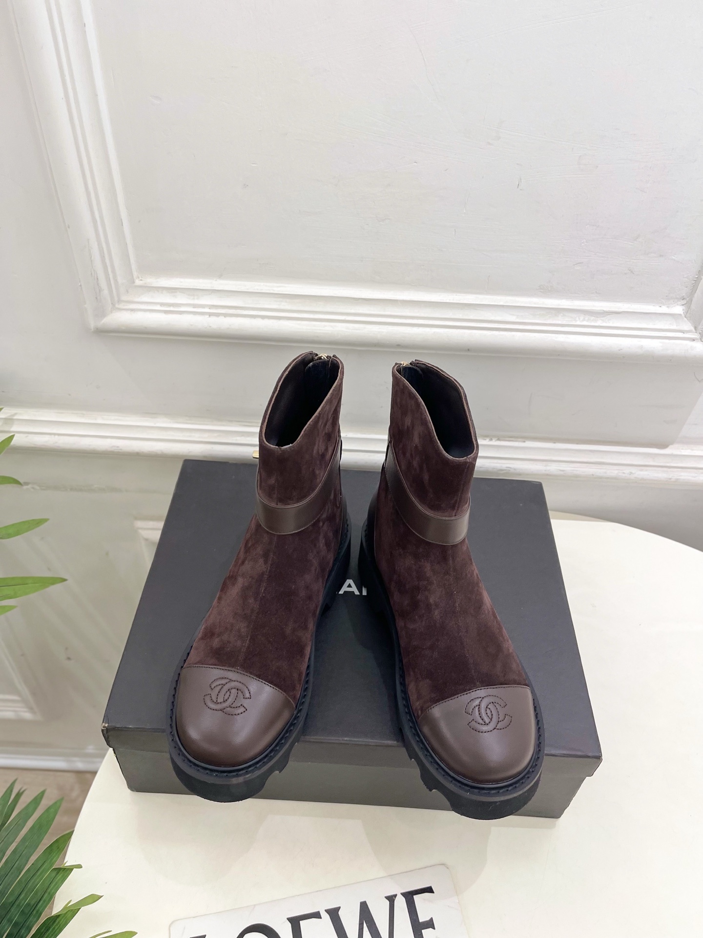 Luxury Brown Suede Ankle Boots with Gold CC Logo and Lug Sole