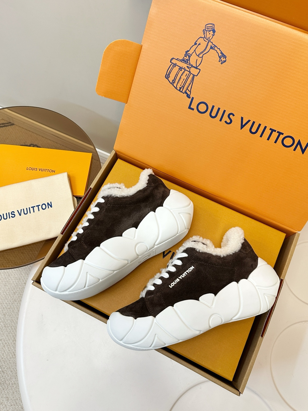 Louis Vuitton Brown Suede & Shearling Sneakers - Luxury Winter Shoes