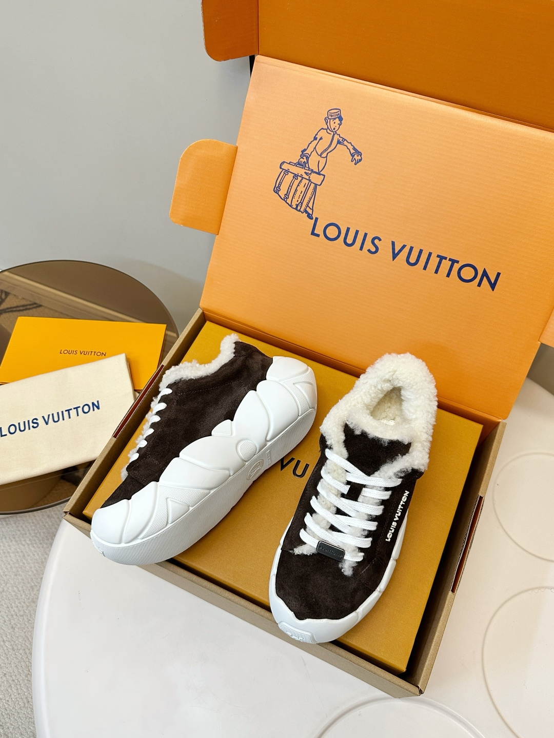 Louis Vuitton Brown Suede & Shearling Sneakers - Luxury Winter Shoes