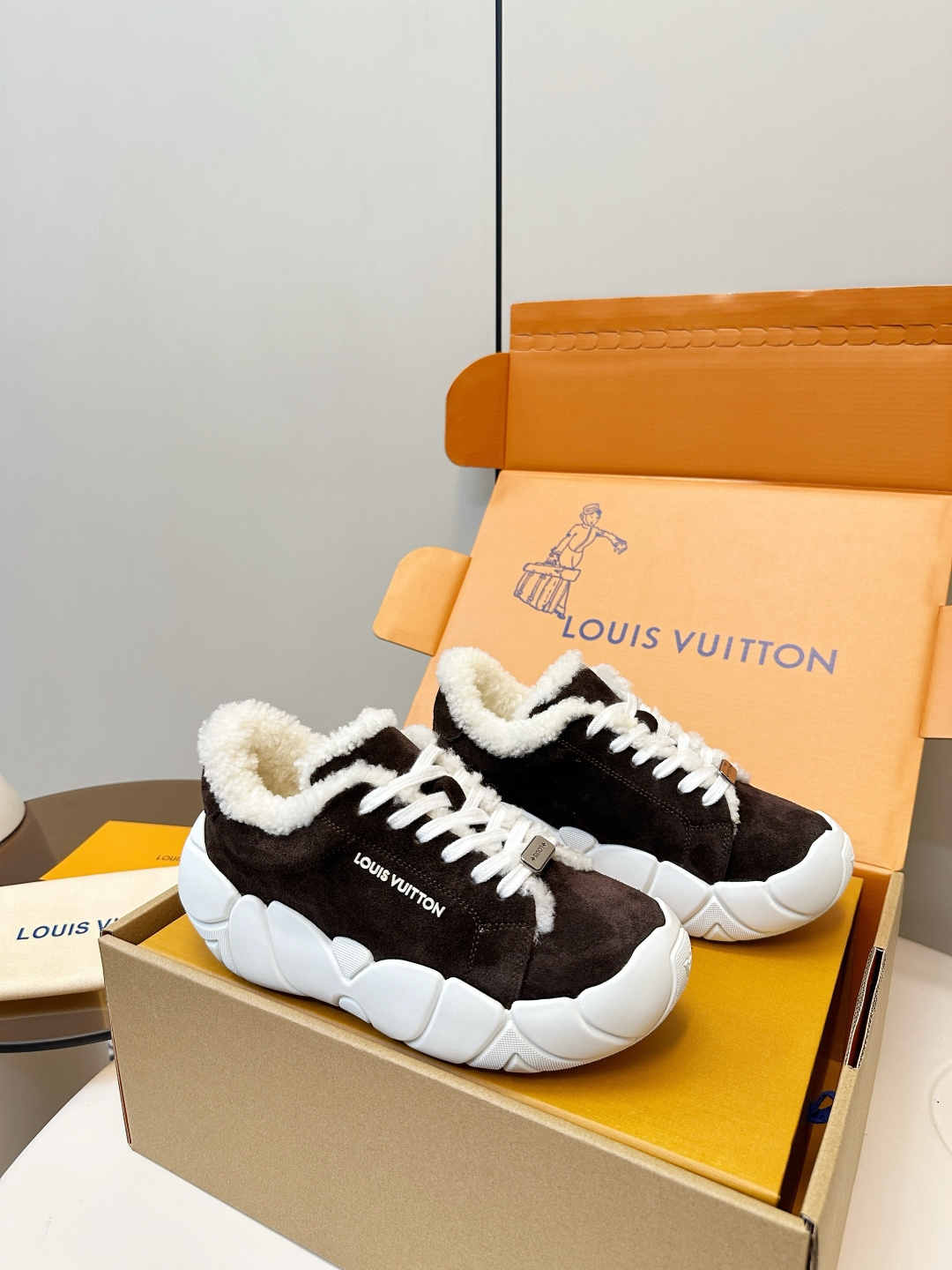 Louis Vuitton Brown Suede & Shearling Sneakers - Luxury Winter Shoes