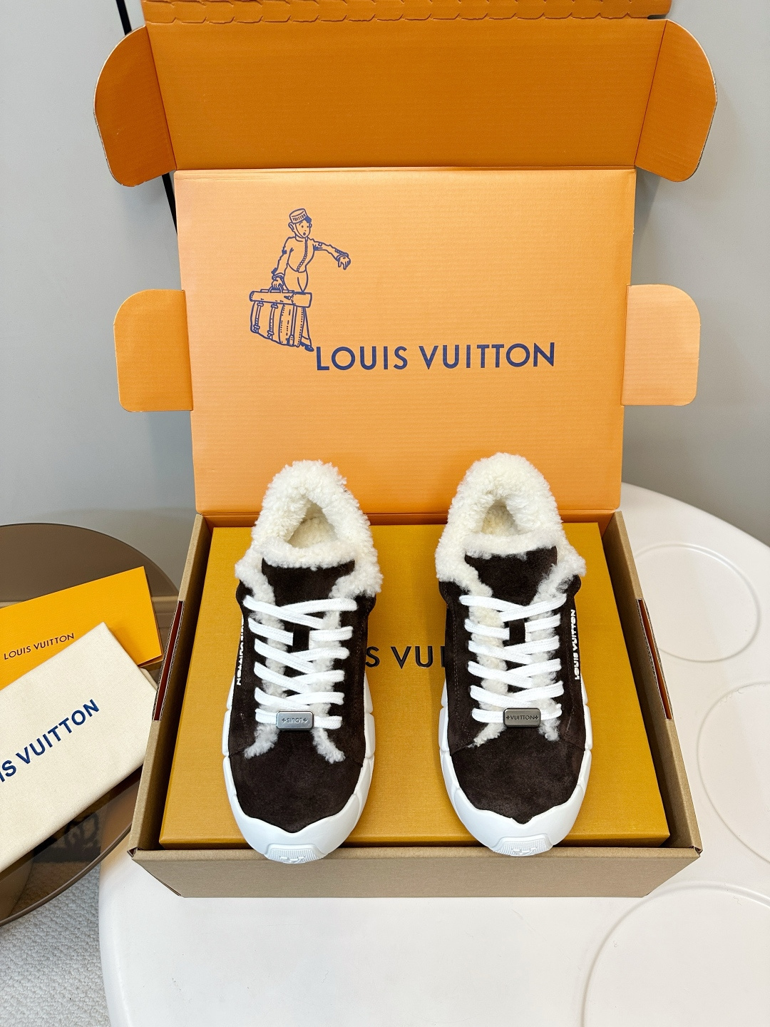 Louis Vuitton Brown Suede & Shearling Sneakers – Luxury Winter Shoes