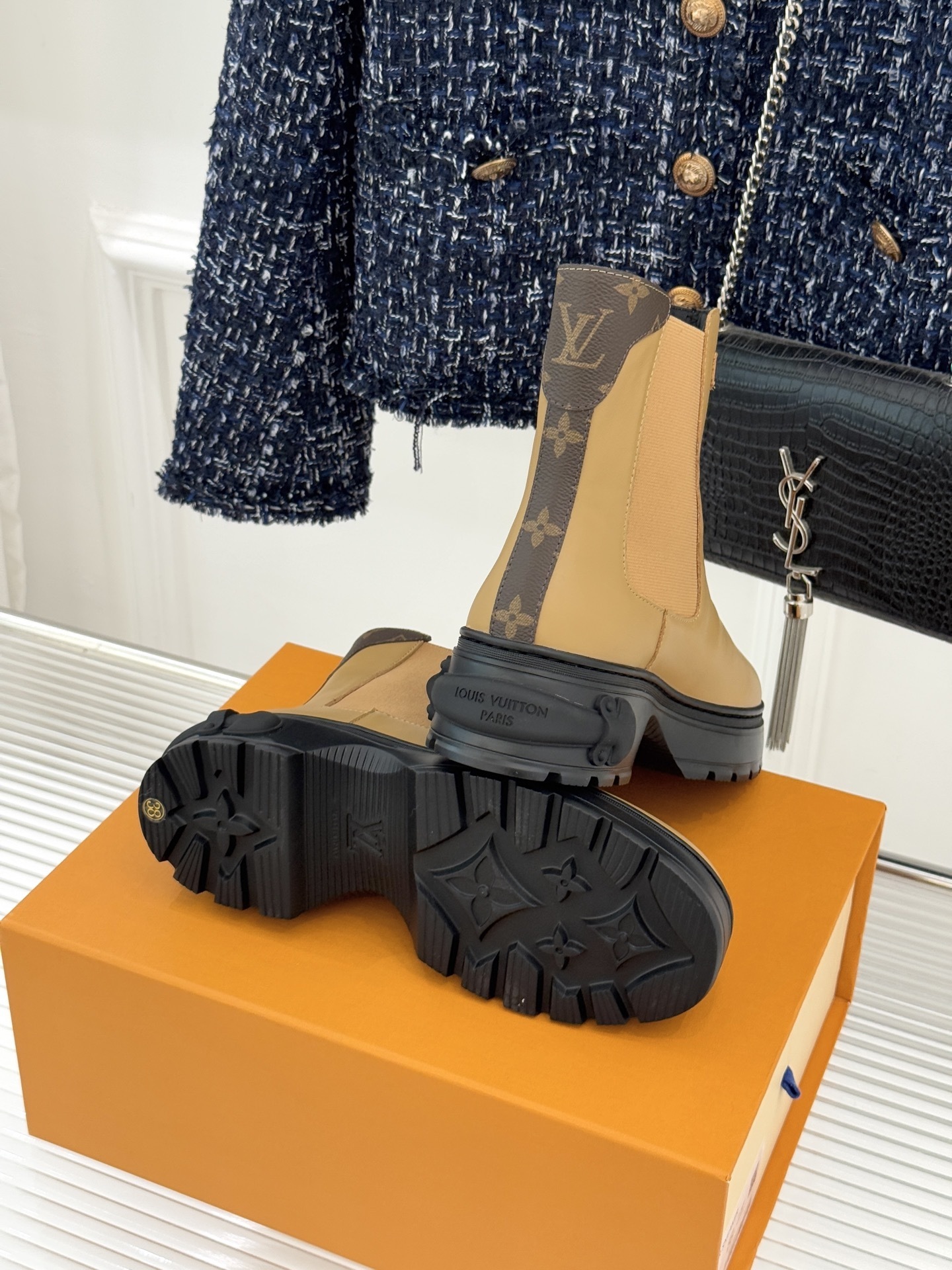 Louis Vuitton Beige Leather Platform Chelsea Boots with Monogram