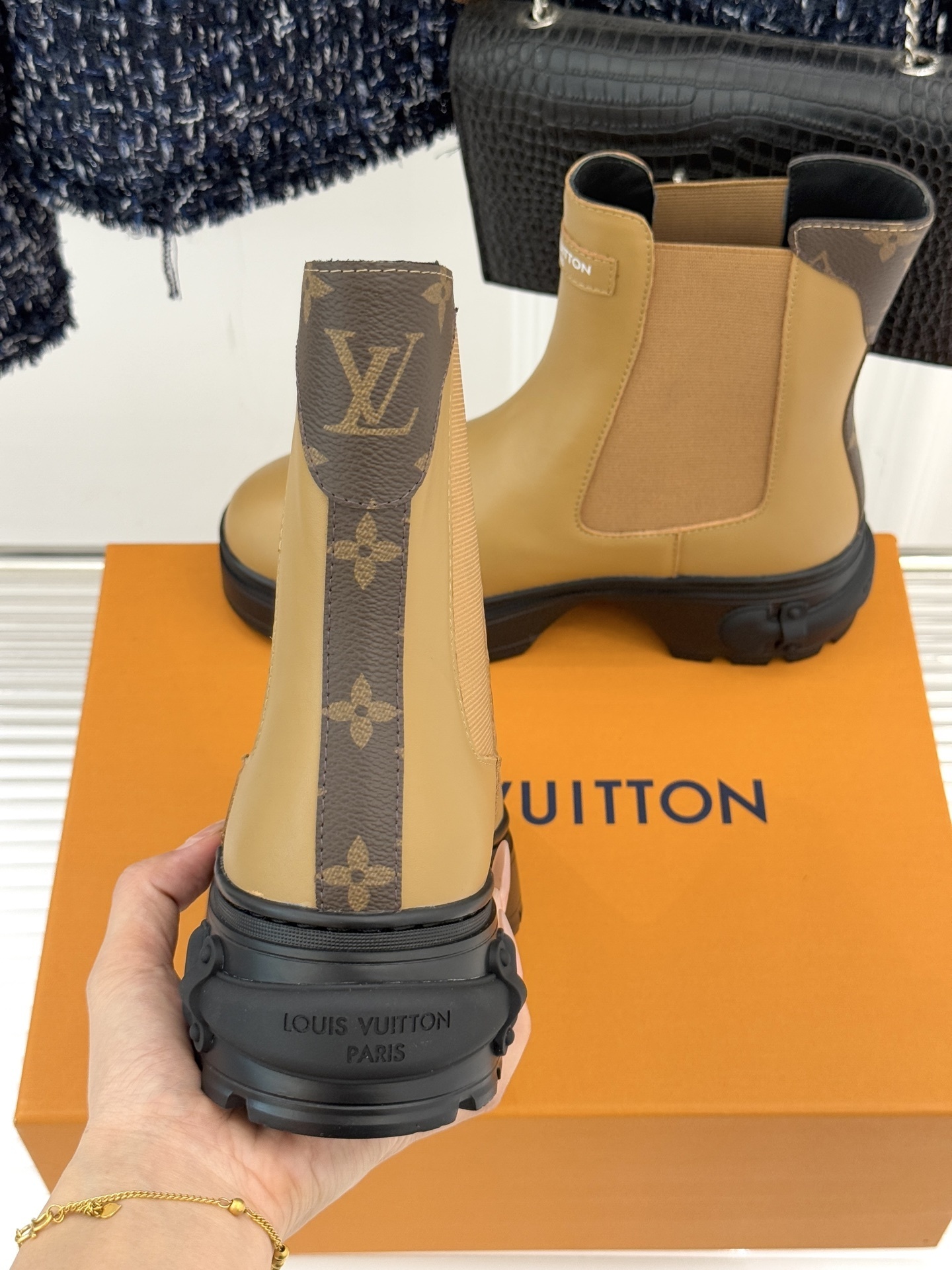 Louis Vuitton Beige Leather Platform Chelsea Boots with Monogram