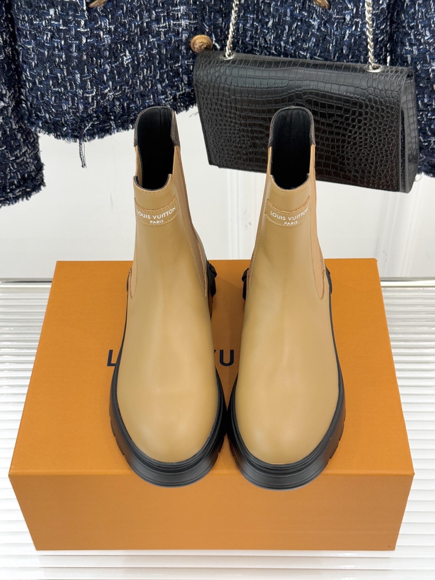 Louis Vuitton Beige Leather Platform Chelsea Boots with Monogram