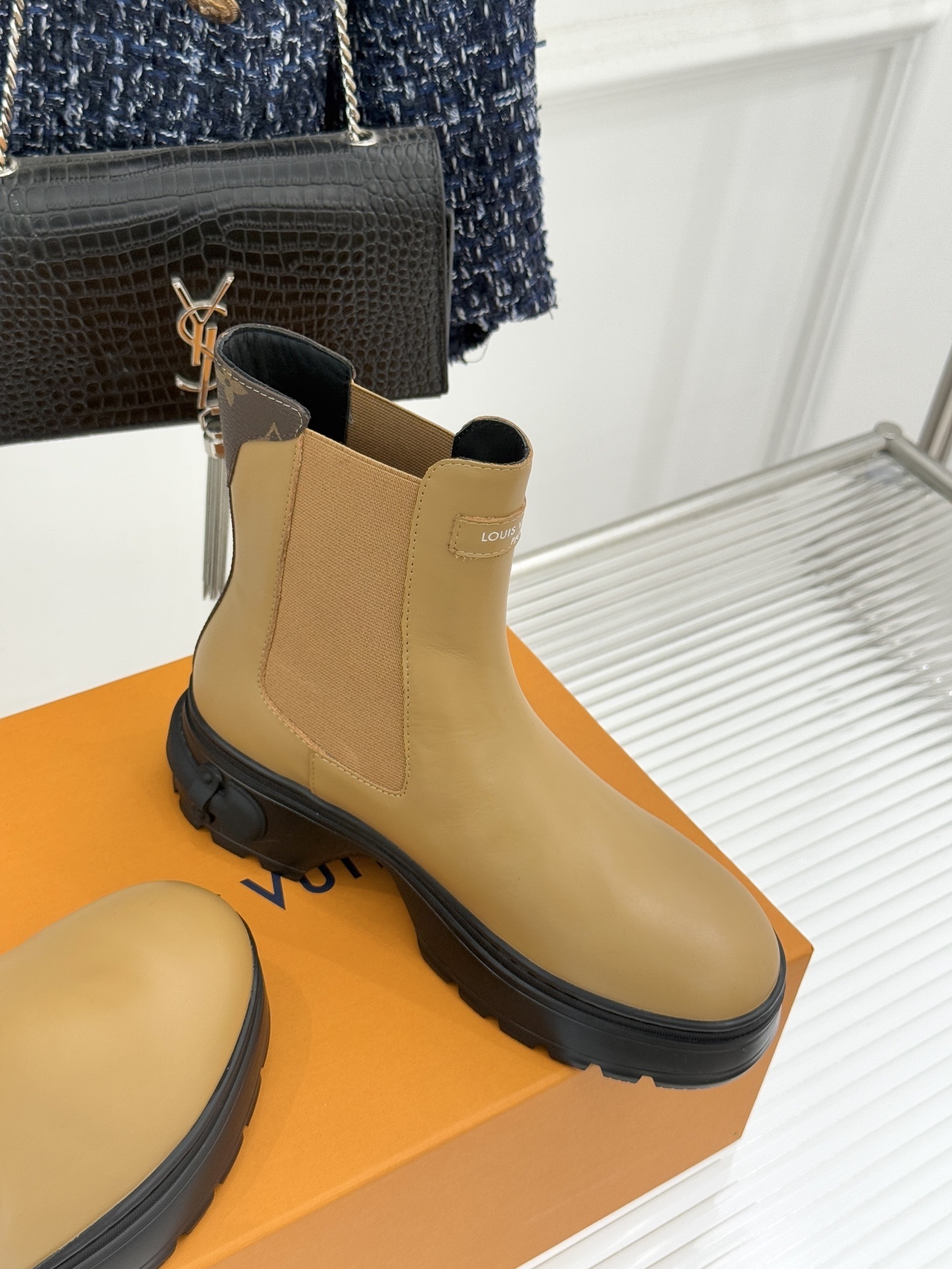 Louis Vuitton Beige Leather Platform Chelsea Boots with Monogram