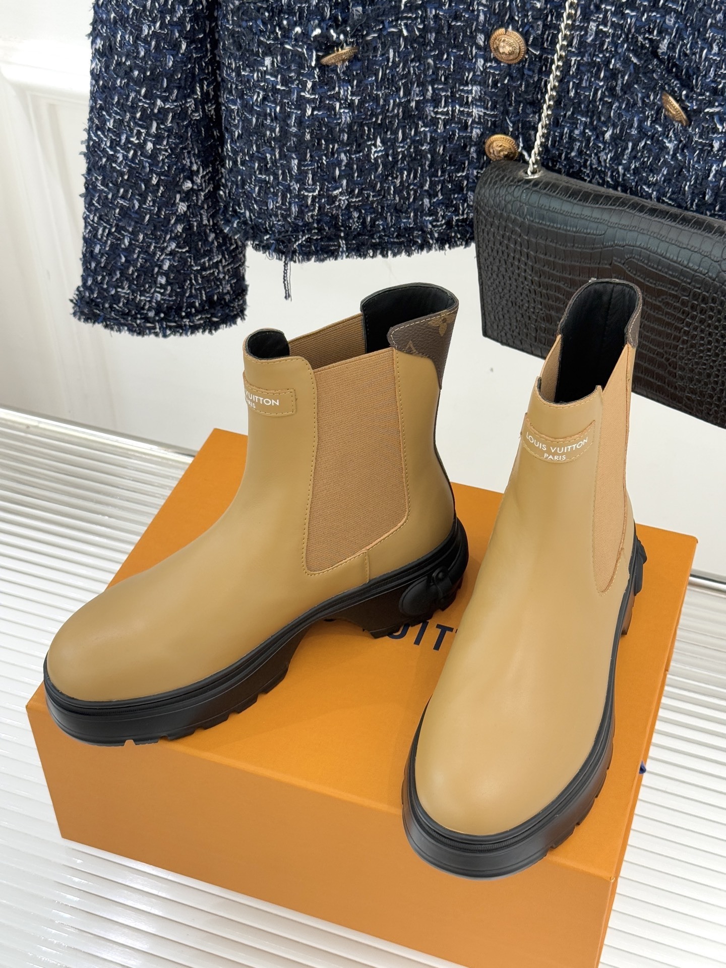 Louis Vuitton Beige Leather Platform Chelsea Boots with Monogram