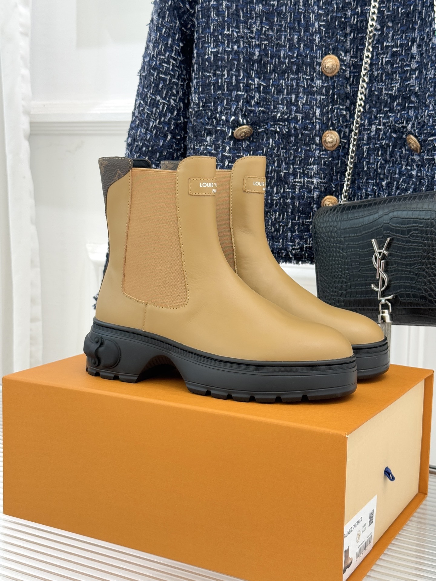 Louis Vuitton Beige Leather Platform Chelsea Boots with Monogram