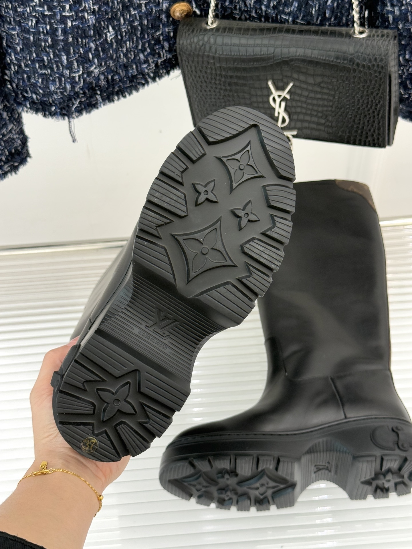 Louis Vuitton Black Leather Knee-High Boots with Monogram Detail